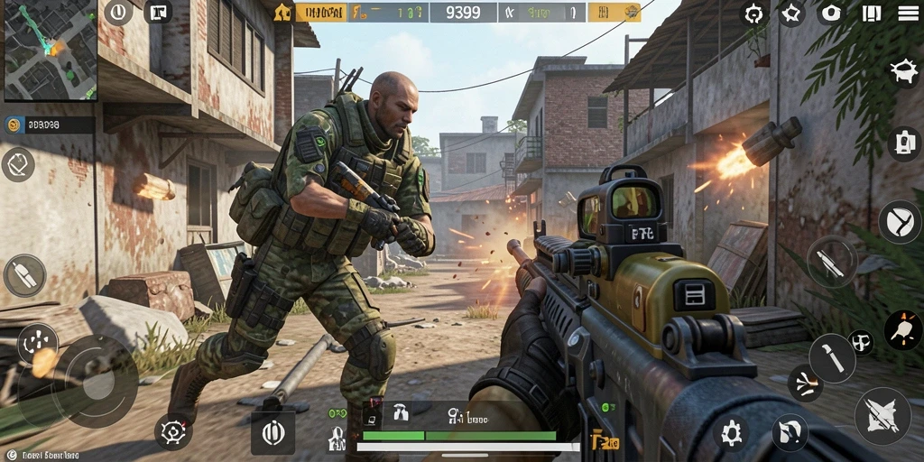 Screenshot menampilkan pertempuran intens dalam game FPS 9399.