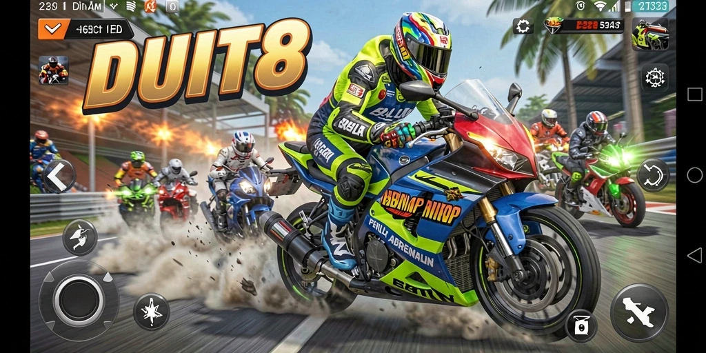 Tampilan gameplay balap motor yang mendebarkan di DUIT8.