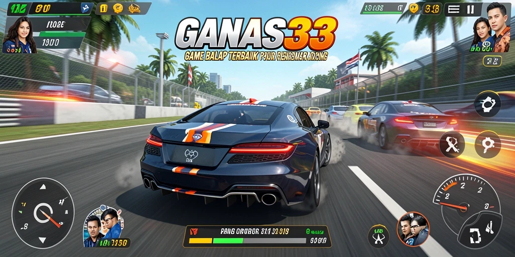 Screenshot gameplay GANAS33 yang menunjukkan balapan seru di trek.