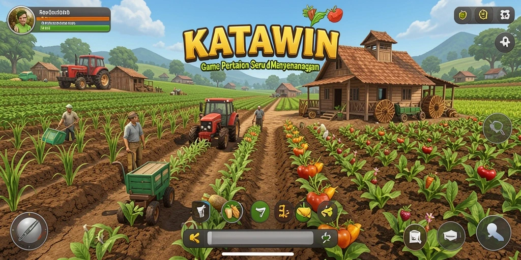 Tampilan gameplay KATAWIN dengan pertanian yang subur dan hewan peliharaan.