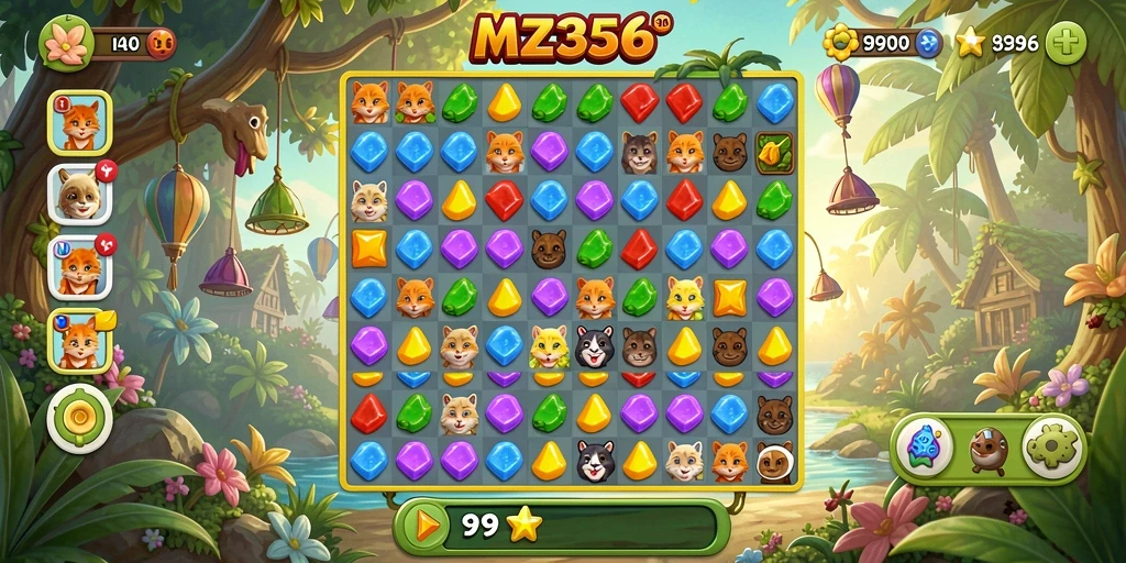 Tampilan gameplay MZ356 dengan berbagai elemen Match-3 yang berwarna-warni.