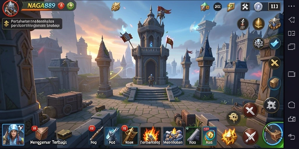 Tampilan gameplay NAGA889 menampilkan menara yang siap bertahan dari gelombang musuh.
