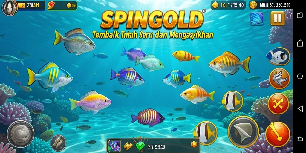 Screenshot gameplay SPINGOLD menampilkan aksi seru menembak ikan.