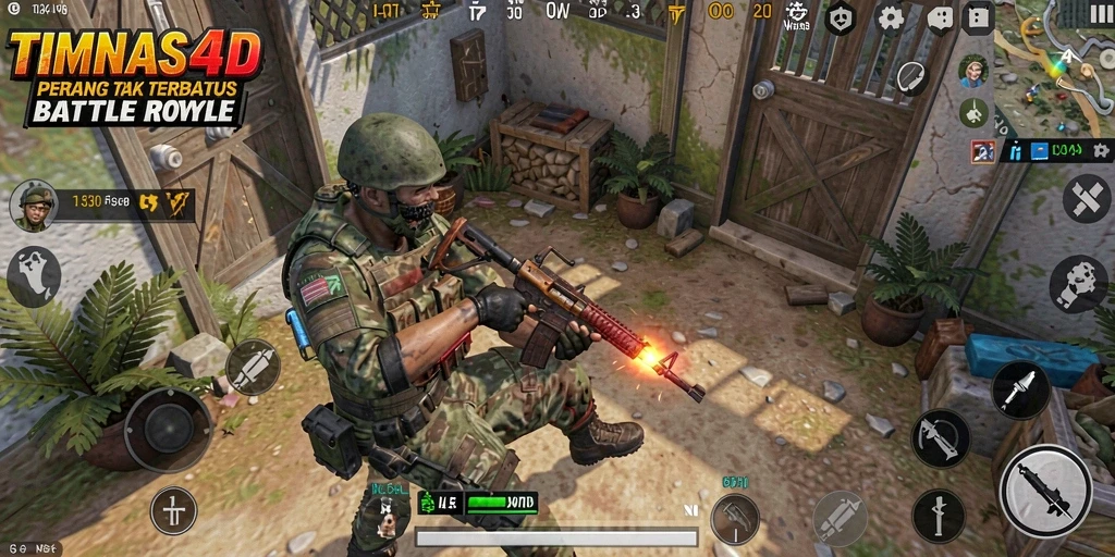 Tampilan gameplay TIMNAS4D dengan aksi Battle Royale yang mendebarkan.