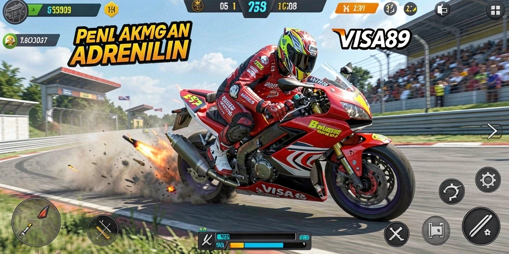 Screenshot gameplay <strong>VISA89</strong> menampilkan motor balap melaju kencang di lintasan.