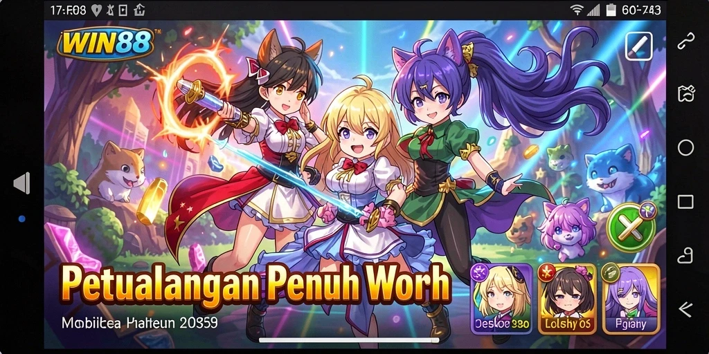 Tampilan gameplay menarik dengan karakter anime penuh aksi.